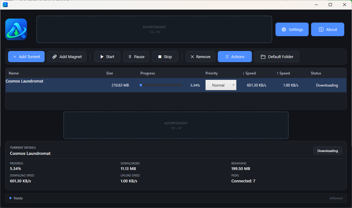 AllTorrent torrent downloader application screenshot